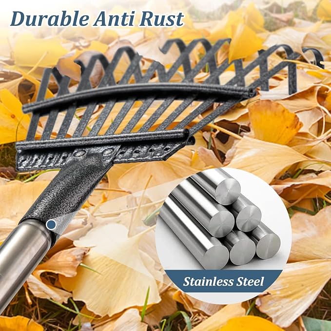 Garden Rake for Leaves - Heavy Duty Metal Leaf Rakes for Yard,Lawn,Shrub,Grass,Mulch,8.5" Small Head,6ft Adjustable Handle for Kids Adults