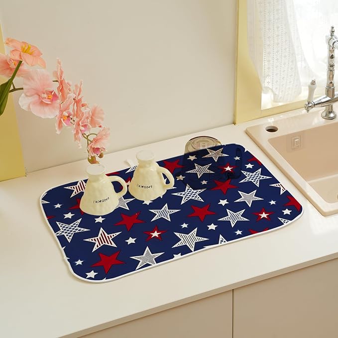 4th of July Dish Drying Mat 18x24 Inch Navy Blue Red Stars Patriotic Decor Drying Mat Independence Day Memorial Day Absorbent Dish Drying Pad Dish Rack Drainer Mats for Kitchen Dining Counter