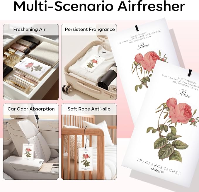 MYARO 12 Pack Rose Scented Sachets, Closet Deodorizer Car Air Freshener | Long-Lasting Sachet Bag, Odor Eliminator for Closet, Drawer, Bathroom, Clothes, Fabric Refresher, Home Fragrance Gift Set