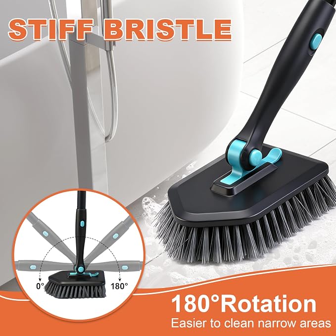 Long Handled Scrub Brush for Shower,3-in-1 Cleaning Brushes with 3 Different Function Cleaning Heads Brush for Shower Cleaning Bathroom Kitchen Walls Tub Tile (Black)
