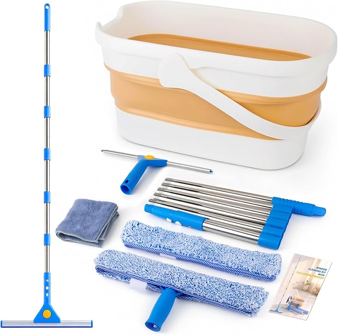 Window Cleaning Kit, 3 Gallon Foldable Bucket, 87 Inch Long Handle | Complete window washing kit with 3-gallon foldable bucket, 14-inch squeegee, 15-inch scrubber and 87-inch handle