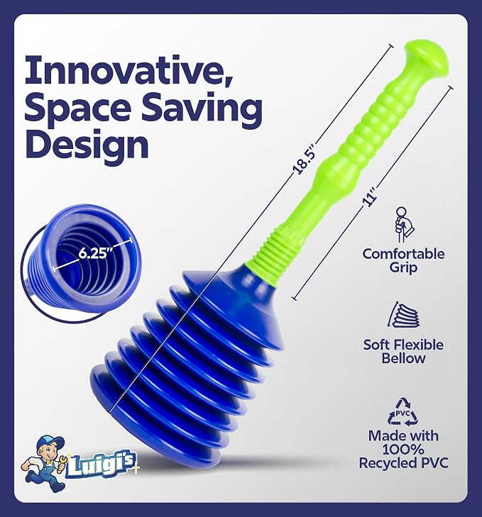 Luigi's Sink Plunger Kitchen - Sink Plunger Bathroom - Drain Bathtub or Shower - Large and Powerful Clog Remover - Commercial Style Plumbers Plungers with Large Bellows - Blue Green - Grande