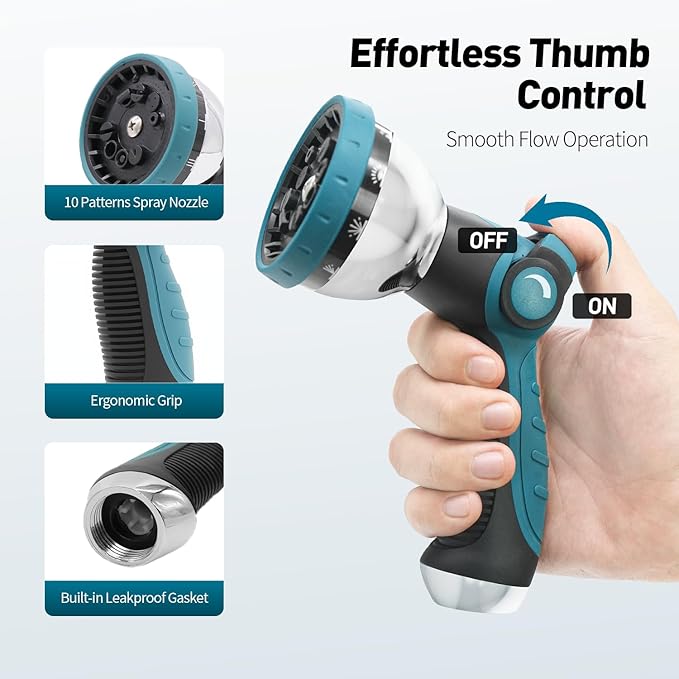 Besiter Garden Hose Nozzle, Hose Sprayer Nozzle with 10 Spray Patterns, Thumb Control On Off Valve, High Pressure Metal Water Hose Nozzle for Car Wash, Plants, Pets & Outdoor Cleaning, Blue
