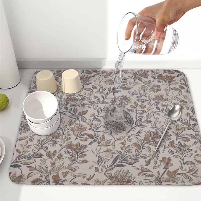 Vintage Floral Dish Drying Mat for Kitchen Counter Brown Antique Flower Microfiber Dish Drainer Mat Rustic Neutral Absorbent Washable Drying Pad 16"x18"