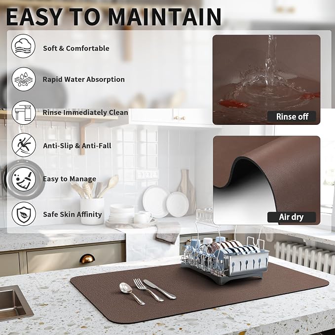 HotLive Dish Drying Mat for Kitchen Counter, Heat Resistant Drainer Mats with Non-slip Rubber Backed, Hide Stain Kitchen Super Absorbent Draining Mat, Easy to Clean Dish Rack Pad, Brown 16"x20"