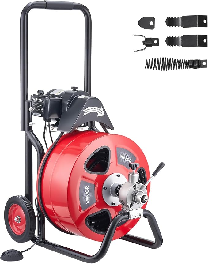 VEVOR Drain Cleaner Machine 100 FT x 3/4 Inch, Auto Feed Sewer Snake Auger on Wheels, Portable Drain Cleaning Machine with 4 Cutters & Air-activated Foot Switch for 4" to 8" Pipes