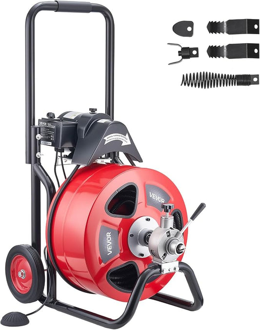 VEVOR Drain Cleaner Machine 100 FT x 3/4 Inch, Auto Feed Sewer Snake Auger on Wheels, Portable Drain Cleaning Machine with 4 Cutters & Air-activated Foot Switch for 4" to 8" Pipes