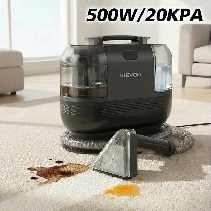 Slevoo Portable Carpet Cleaner, 500W 20Kpa Upholstery Cleaner Machine | Handheld Spot Cleaner for Pet Stains, Carpet, Car Interiors, Stair, Lightweight 7.27lbs, 42oz Large Dual Tank, Dark Gray