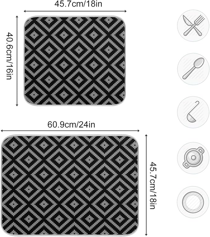 Super Absorbent Dish Drying Mat, Microfiber Fast-Drying Dish Mat, 24" x 18, Kitchen Dish Drying Pad, Black Moroccan Rhombus Plaid