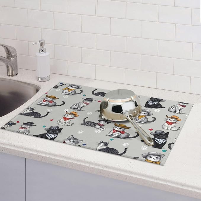 Pet Lover Cat Dish Drying Mat For Kitchen Counter, Super Absorbent Microfiber Dish Drying Pad, Kitchen Gadgets For Easy Clean Multi-Use Large 18"x24"
