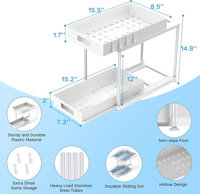 2 Pack Under Sink Organizer with Double Pull-Out Drawer, White | 2-Tier Cabinet Storage, Fits Cleaning Supplies & Toiletries, Space Saving for Small Cabinets, Double-layer Sliding