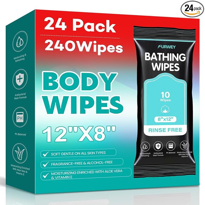 XL Ultra Thick Body Wipes for Adults - 240 Count Extra Large Disposable Cloth Wet Cleansing No Rinse Bathing Washcloths, Waterless Shower，Bath Wipe for Women, Men & Elderly