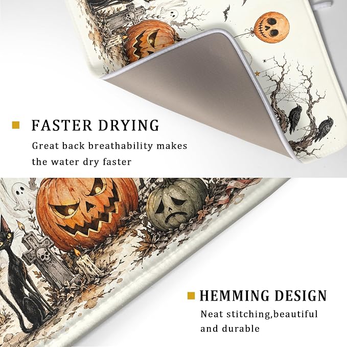 Giwawa Halloween Pumpkin Ghost Dish Drying Mat Black Cat Microfiber Dishes Pad 18x24 Inch Holiday Dish Drainer Rack Mats for Kitchen Counter Sink