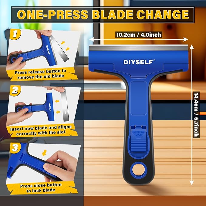 DIYSELF Razor Blade Scraper with 10 Extra 4" Blades, Scraper for Cleaning | Glass Scraper for Cleaning, Glass Stove Top Scraper, Window Scraper, Paint, Cooktop, Oven Scraper, Razor Scraper Tool, Blue