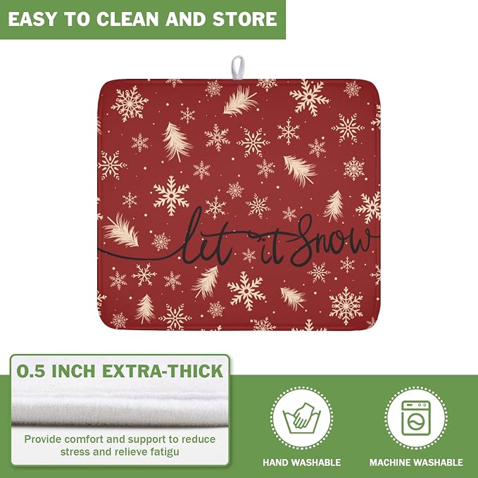 Christmas Snowflake Dish Drying Mat for Kitchen Counter 16x18 Inch | Red Xmas Theme Snowflakes Trees Snowy Dish Drainer Mat Rustic Winter Holiday Absorbent Washable Drying Pad