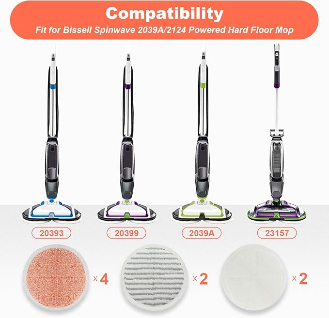 Spinwave Mop Pads Replacement Set Compatible with Bissell Spinwave 2039A 2124: 4 Heavy Scrub Pads, 2 Soft Pads, 2 Scrubby Pads by BeiLan (8Pack)
