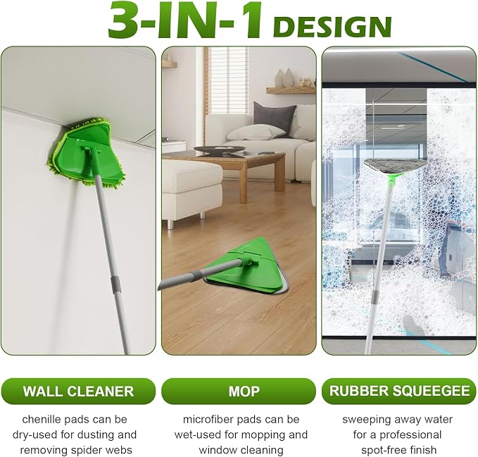 RONSUNG Wall Cleaner Mop, 82-Inch Handle, Baseboard Cleaner Tool, 4 Pads | Wall scrubber with long handle, triangle head, squeegee, and 4 pads for walls, ceilings, windows, baseboards, and floors