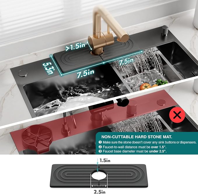 eormoe Faucet Mat for Kitchen Sink - Wider Diatomite Fast Drying Stone Sink Tray, Super Absorbent, Prevents Moisture Buildup - Faucet Splash Guard for Bathroom Counter (Dark Grey, 15x5.3inch)