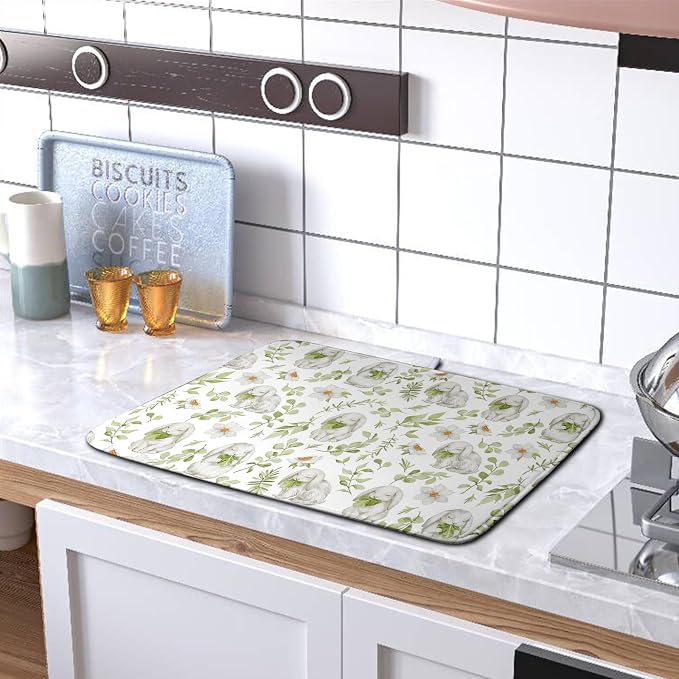 Easter Bunny Floral Drying Mat for Kitchen Counter Spring Easter Rabbits Green Leaves Dry Dish Mat Absorbent Microfiber Dish Draining Washable Dish Drainer Rack Mat 16x18 Inch