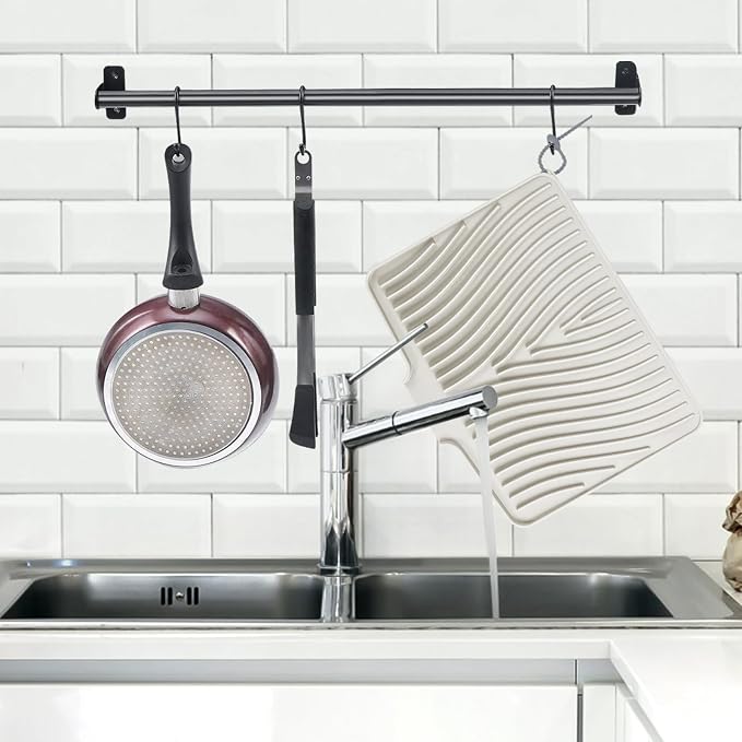 TIKNIK Silicone Dish Drying Mat for Kitchen Counter - Heat Resistant & Non-Slip Dish Drain Pad with Built-In Drain, Dishwasher Safe, Quick-Dry, Hangable & Roll-Up for Storage, Cream-2pcs, 16" x 12"