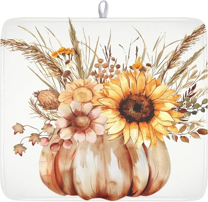 Fall Sunflower Dish Drying Mat for Kitchen Counter 16 x 18 Inch Autumn Orange Pumpkin Dish Drainer Mat Absorbent Microfiber Thanksgiving Harvest Dish Rack Pad for Coffee Dining Bar Decor