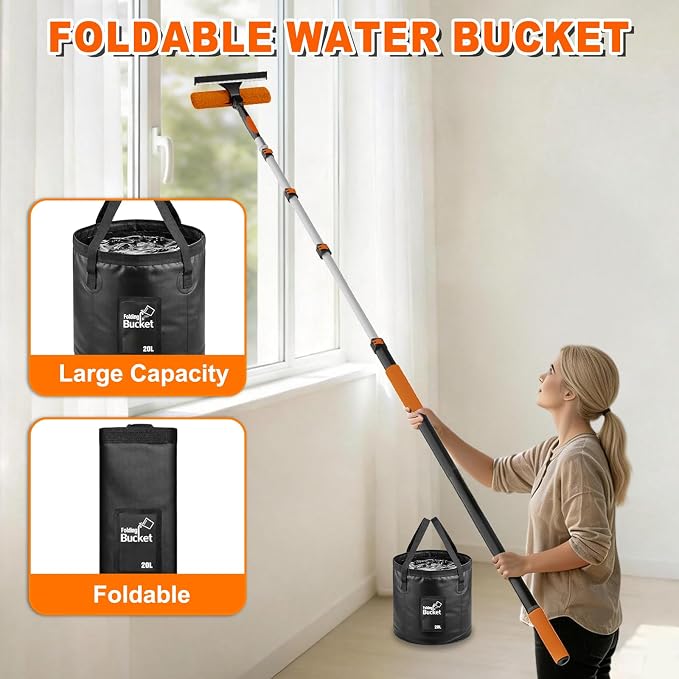 SISUPASSIE 20FT Reach High Ceiling Duster Kit, Window Cleaning kit with 3-12FT Extension Pole, Fan Duster for Ceiling Fan Blades, Microfiber Feather Duster, Window Squeegee, Bucket and Cobweb Duster