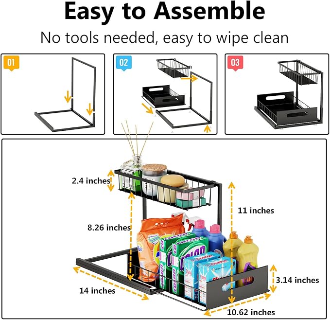 Ceetug Slide Out Under Sink Organizers and Storage, Black, 1 Pack | 2 Tier, Sturdy Metal, Cabinet Organizer, for Kitchen Bathroom