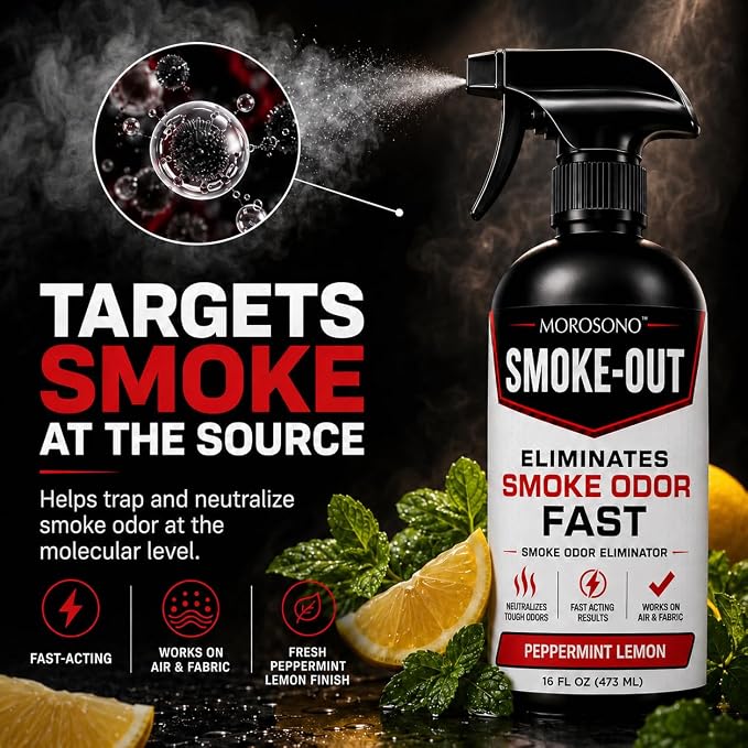 Smoke-Out Smoke Odor Eliminator Spray, 16 oz Peppermint Lemon Deodorizer for Car, Home, Clothes, Fabric, Cigarette, Cigar, Pet and Food Odors