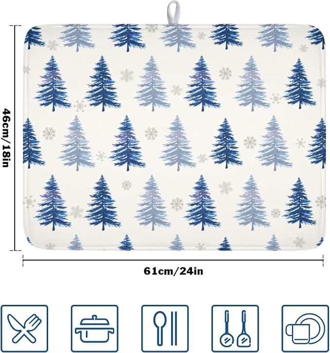 Winter Dish Drying Mat 18 x 24 Inch Blue Tree Dish Drying Pad Absorbent Microfiber Mats for Snowflake Dish Rack Pad for Holiday Kitchen Counter Coffee Bar Decor