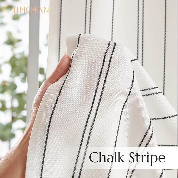 jinchan Black Stripe Linen Look Tier Curtains, 26x24, 2 Panels, White | Light filtering, rod pocket, farmhouse style, rustic decor, kitchen, bathroom, laundry room, RV, small windows