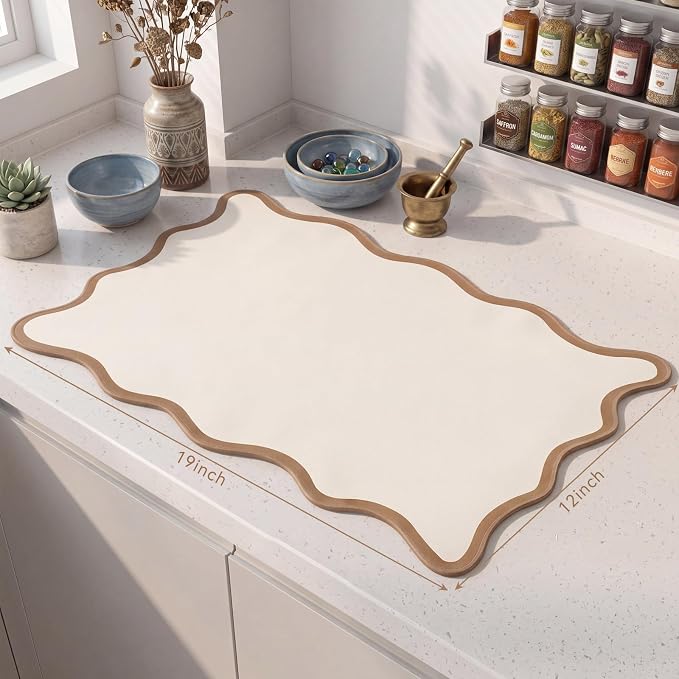 Nuanchu Beige Scalloped Dish Drying Mat for Kitchen Counter, Waterproof Easy Clean Non-slip Coffee Bar Station Accessories, Trendy Cute Aesthetic Modern Drainer Kitchen Drying Mat, 12" x 19"