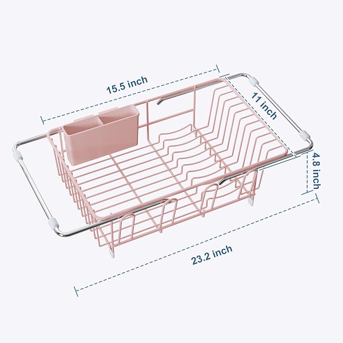 JASIWAY Pink Dish Drying Rack in Sink, Expandable Stainless Steel Dish Drainers for Kitchen Counter, Dish Dryer Rack for Inside Sink, Over The Sink Dish Racks with Utensil Holder