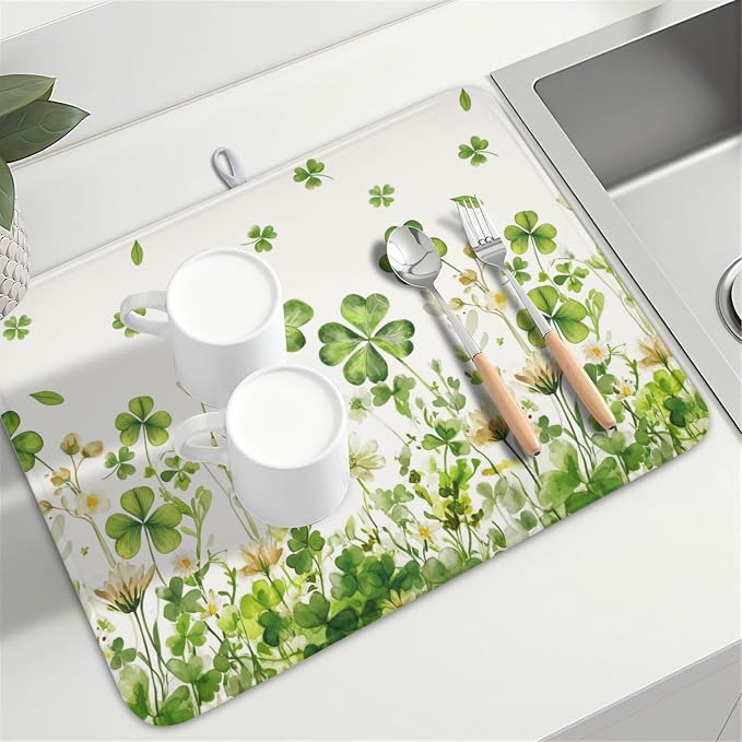 St Patrick's Day Green Clover Dish Drying Mat 18x24 Inch | Shamrock，Polyester，Absorbent Microfiber，for Kitchen Coffee Dining Bar Decor