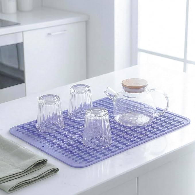 MicoYang Silicone Dish Drying Mat — Quick-Dry Ridges Counter & Sink Pad, Heat-Resistant Trivet to 450°F, Non-Slip & Dishwasher Safe, Roll-Up Storage, 18 Colors & 9 Sizes (Light Purple, 16"×12")
