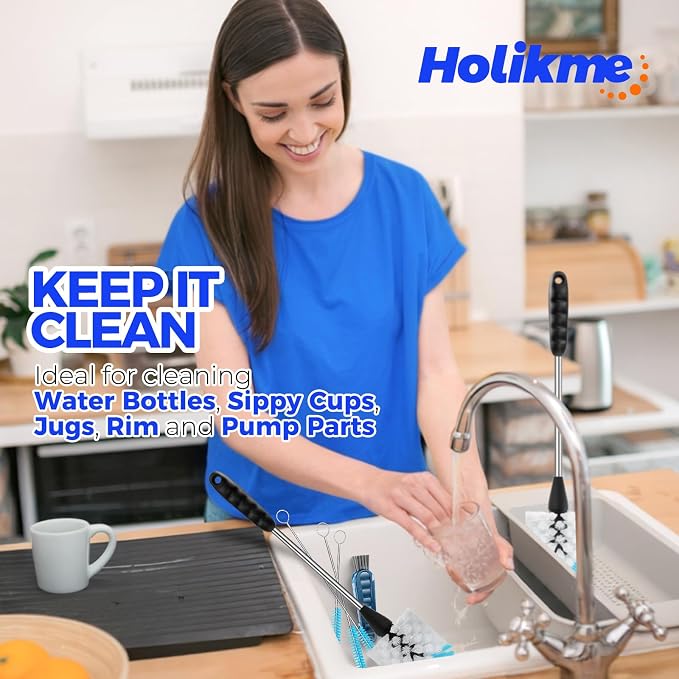 Holikme 6 Pack Brush Set, 14" Long Handle Stainless Steel Cleaner, 3 Straw Brushes, 4-in-1 Cleaning Brush for Water and Baby Bottles Straws, Aqua