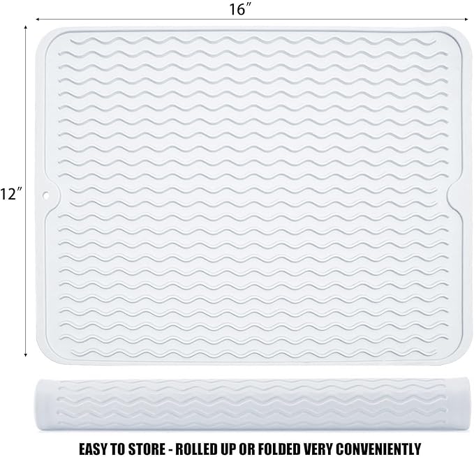Silicone Dish Drying Mat for Multiple Usage, Easy clean, Eco-friendly, Heat-resistant Dish Drainer Mat for Kitchen Counter,Sink,Refrigerator or Drawer liner (16" x 12", Translucent)