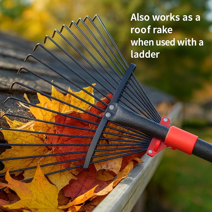 Collapsible Garden Rake, 8"-17" Expandable Metal Leaf Rake with 70" Long Handle, Lightweight Yard Rake for Leaves, Pine Needles, Flower Beds, Shrubs, Small Lawns and RV Camping