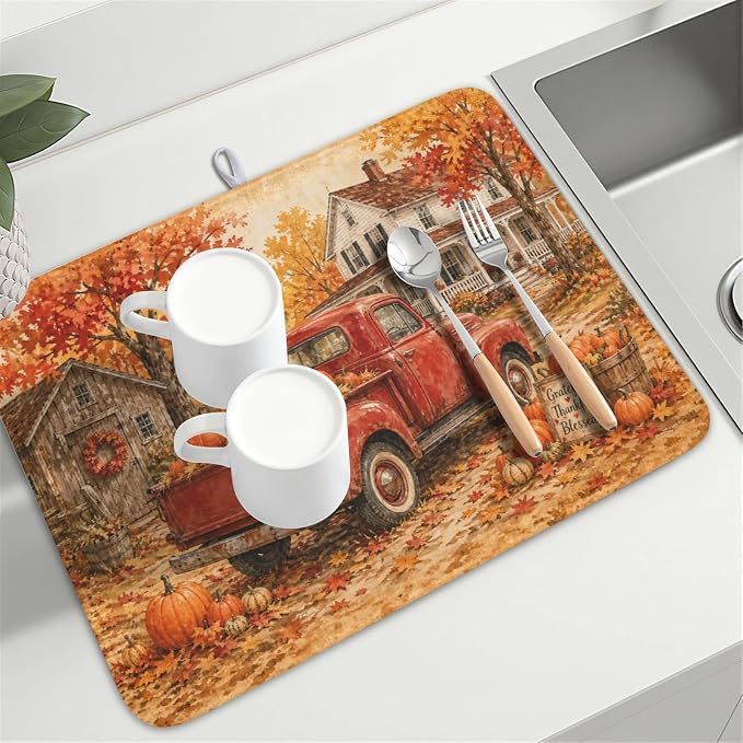 Fall Pumpkin Dish Drying Mat for Kitchen Counter Thanksgiving Autumn Harvest Pattern Microfiber Dish Drainer Mat Vintage Rustic Farmhouse Absorbent Washable Drying Pad 18"x24"