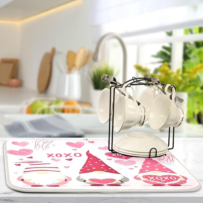 Happy Valentine Hearts Gnomes Dish Drying Mat 16 X 18 In Red Love Absorbent Microfiber Dry Dishes Pads Tableware Mats Protector for Kitchen Countertops Counter Home Decorations