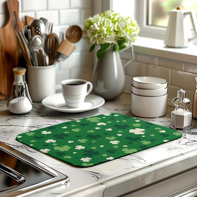 St.Patrick's Day Dish Drying Mat for Kitchen Counter Green Shamrock Drying Mats Spring Lucky Clovers Draining Pad Microfiber Absorben Dish Drainer Rack Mat Reusable Washable Dry Mat 16x18 Inch