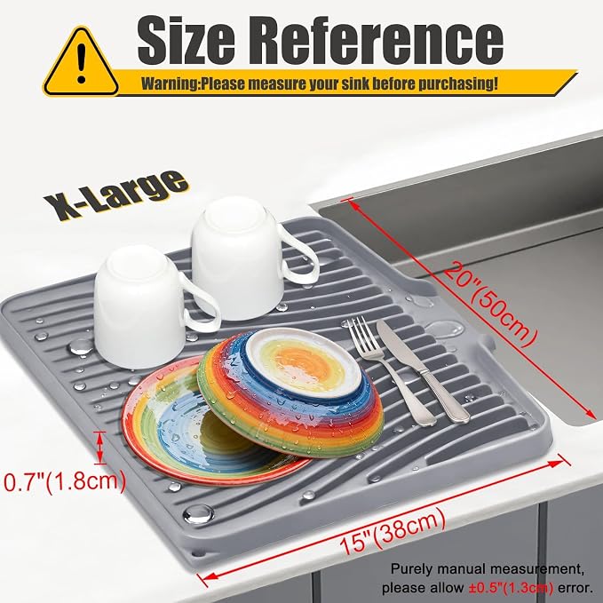 TIKNIK Silicone Dish Drying Mat for Kitchen Counter - Heat Resistant & Non-Slip Dish Drain Pad with Built-In Drain, Dishwasher Safe, Quick-Dry, Hangable & Roll-Up for Storage, Grey-1pcs, 20" x 15"