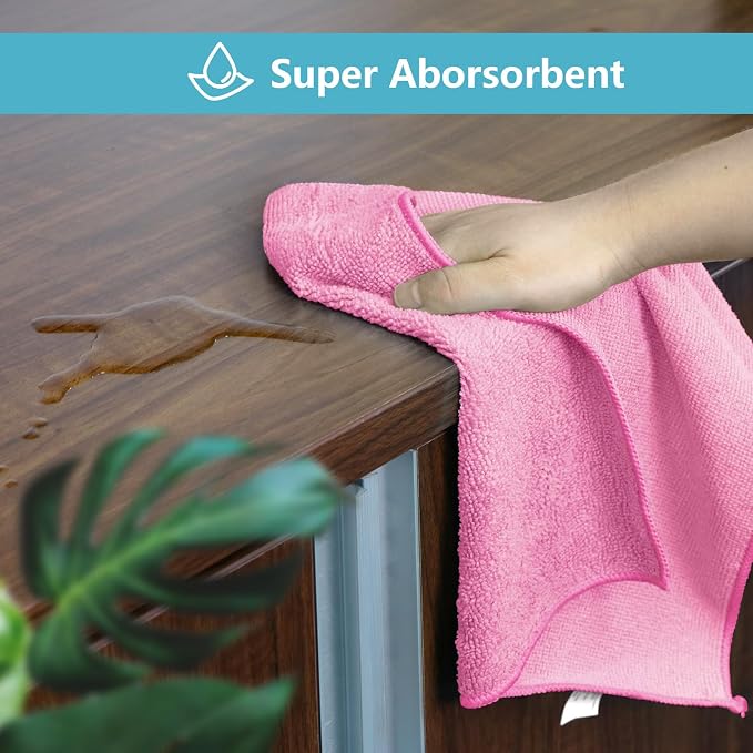 HOMEXCEL 50PK Microfiber Cleaning Cloth, Cleaning Rag for Home, 11.5x11.5in | Reusable, Lint Free, Scratch-Free and Highly Absorbent Towels for Kitchen, Window and Glass, Cars, Pink