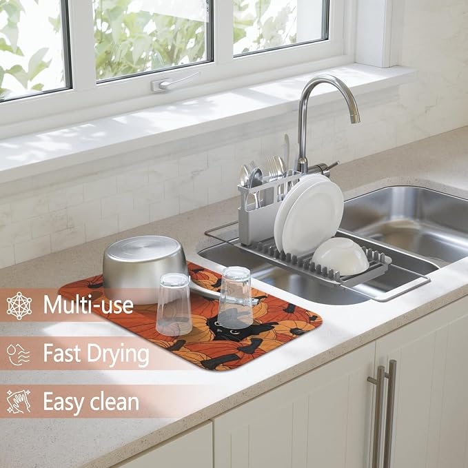 Fall Dish Drying Mat 2-Pack with Cat for Kitchen Counter Absorbent Dishes | Diatom Mud Mats (18x24, 19.5x12"). Non-slip rubber back for kitchen counter, coffee bar & sink scenes