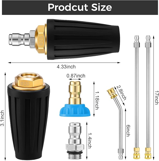 Pressure Washer Turbo Nozzle Kit, 4000 Psi, 1/4" Qc, 6 Tips, 3 Wands | 360° Rotating Turbo Spray, Ceramic Core, Brass & Stainless Steel, 4.0 Gpm, For Gutters, Cars, Patios And Driveways