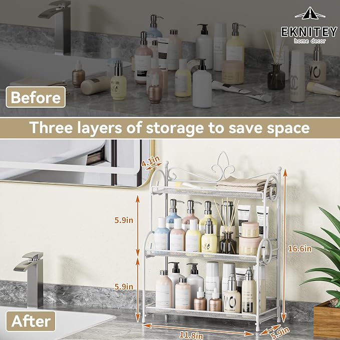 EKNITEY 3-Tier Bathroom Organizer - Sink Organizer Spice Rack(No Assembly) | for Bathroom Kitchen Bedroom Countertop Storage, Sturdy Metal Frame, Easy to Clean, Space-saving, Foldable, White