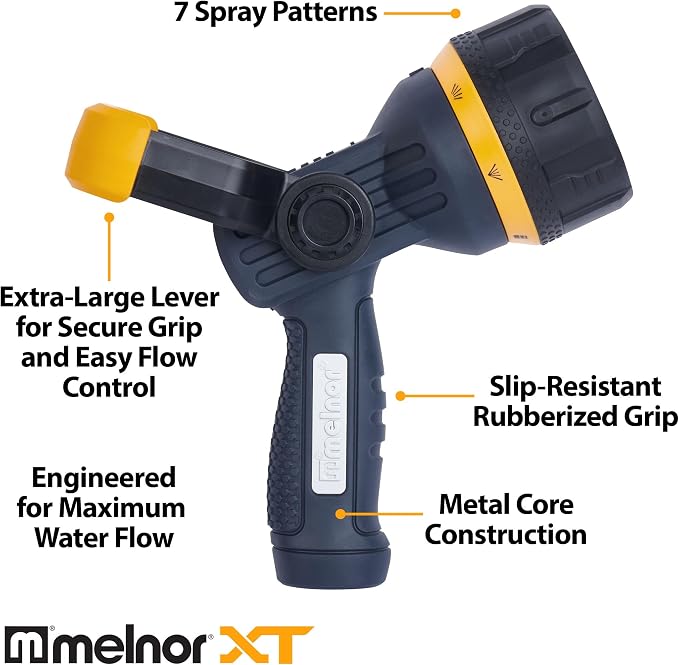 Melnor 65157AMZ Torrent 7-Pattern Hose Nozzle, High-Flow Spray with Metal Core and Flow Control Lever, Heavy-Duty Water Nozzle for Cleaning and Watering, Black, Orange