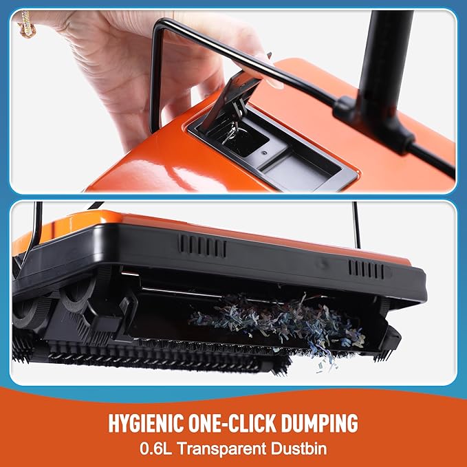 CLEANHOME Manual Carpet Sweeper For Pet Hair and Dust Remove | Rotating Brush Floor Sweeper, Lightweight Push Broom for Classroom Rugs, Non-Electric Lint & Crumb Cleaner, One-Touch Dumping