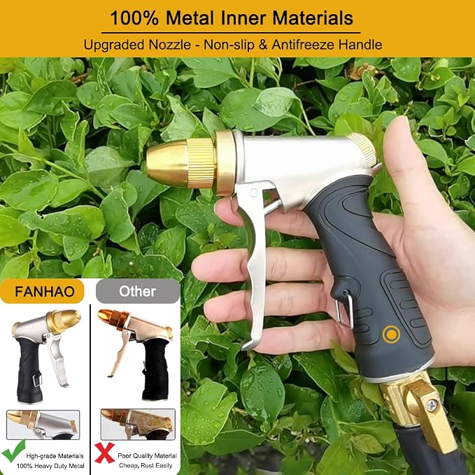 FANHAO Metal Water Hose Nozzle Heavy Duty, High Pressure, Leak Proof | Rustproof Zinc Alloy Full Brass Nozzle, Ergonomic Non-Slip Grip, Lockable Trigger, 4 Spray Patterns for Plant, Car & Pet