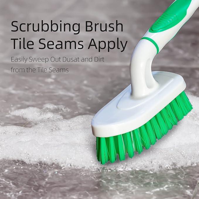 2-Pack Scrub Brush for Cleaning with Long Handle, White&Green | Medium Firm Bathroom Cleaning Supplies, Bathtub and Shower Cleaner Brush, Multi-Scene Use for Kitchen or Carpet Cleaning