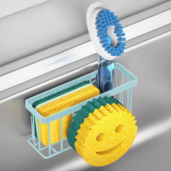 MURLONG Sponge Holder Smiley Face,Sink Caddy for Kitchen Sink,Sponge Holder with 2 PCS Suction Cups/1 PCS Adhesive Strips,Designed for Sponge,Soap,Dish Brush,Scrubber-Blue